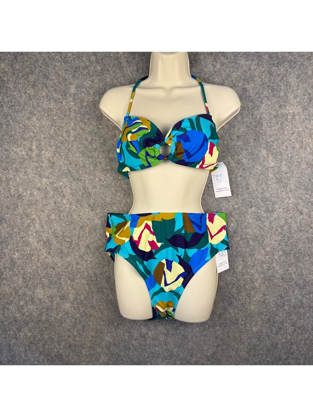 2 Piece Swimsuit Bikini Abstract Tropical Turquoise Green Blue Size Large 808